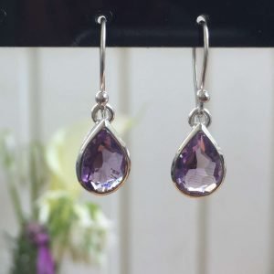 facet cut teardrop amethyst earrings solid silver