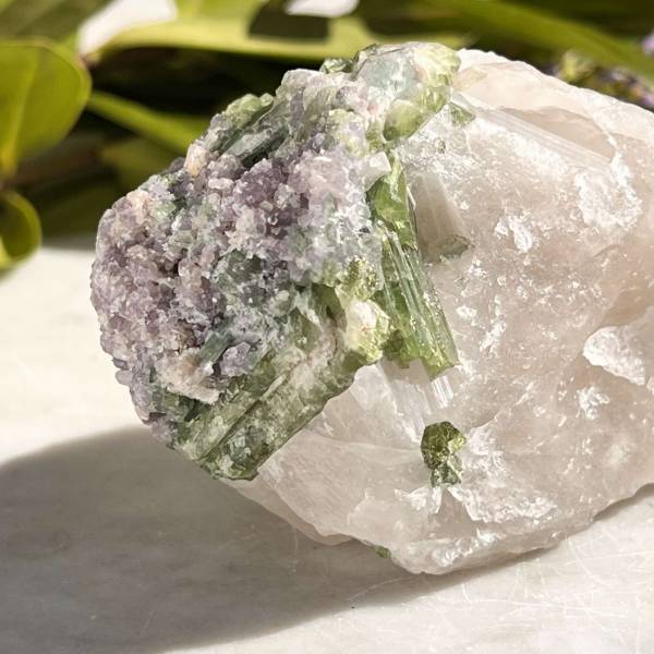 Green tourmaline in quartz with lepidolite