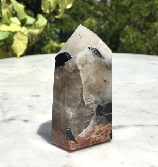 Black tourmaline and peach moonstone in quartz tower - Image 2