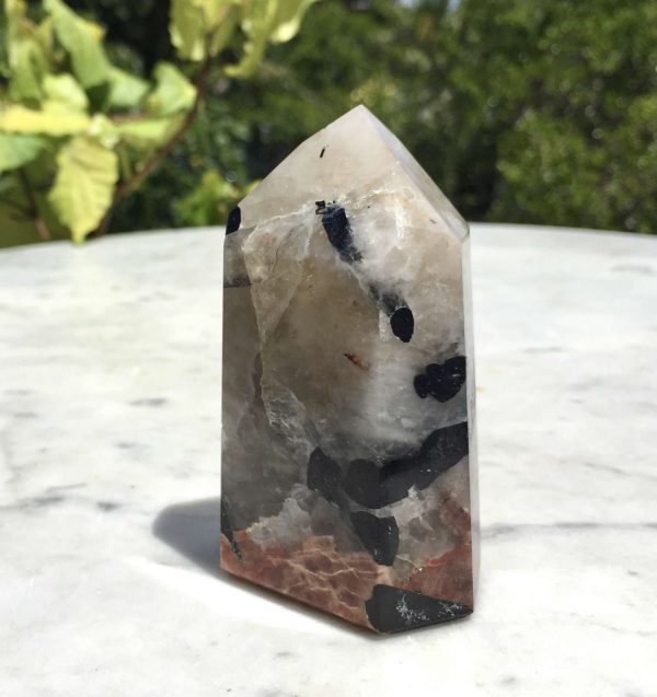 Black tourmaline and peach moonstone in quartz tower