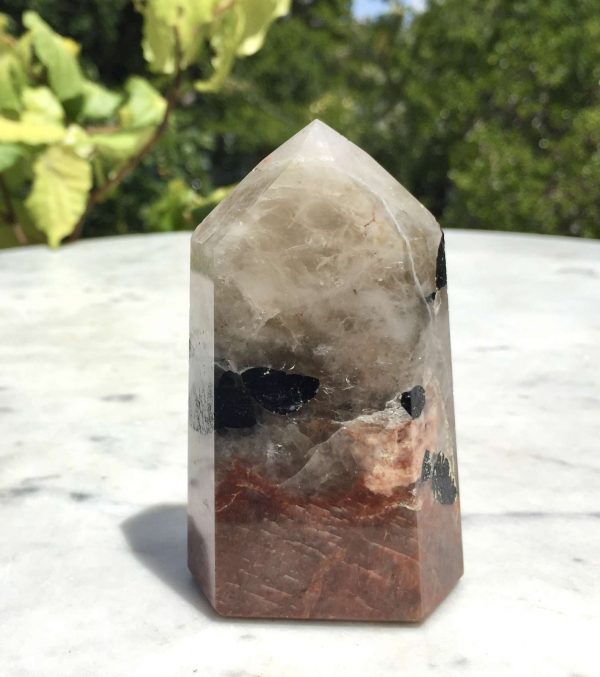 Black tourmaline and peach moonstone in quartz tower - Image 3