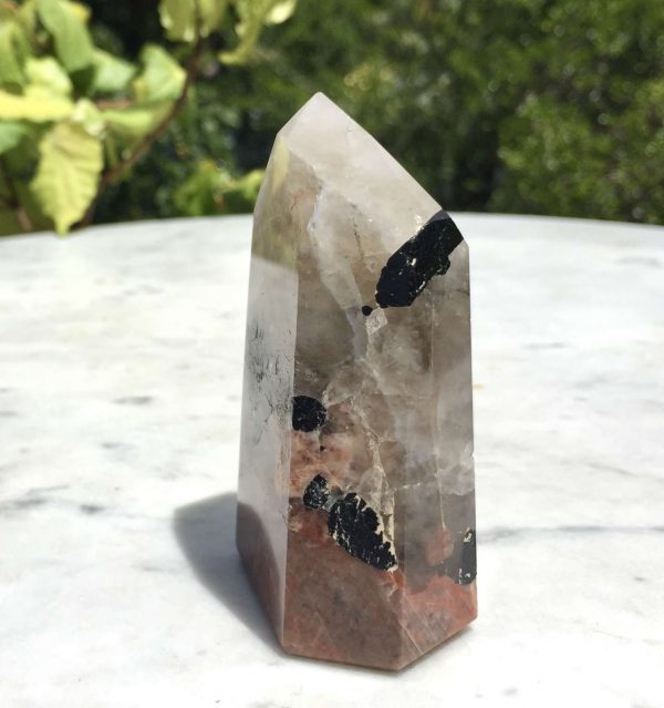 Black tourmaline and peach moonstone in quartz tower - Image 4