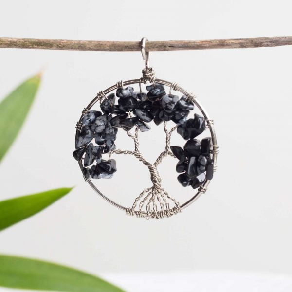 Snowflake obsidian tree of life pendant