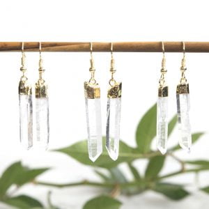 gold plated natural quartz point earrings