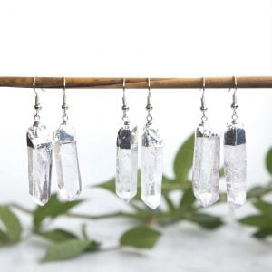 silver plated natural quartz point earrings