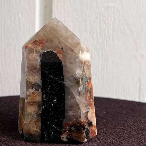 Black tourmaline and peach moonstone in quartz tower