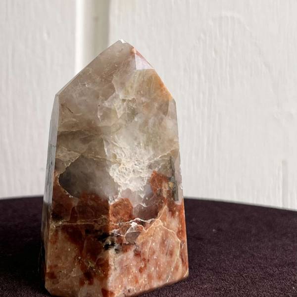 Black tourmaline and peach moonstone in quartz tower - Image 4