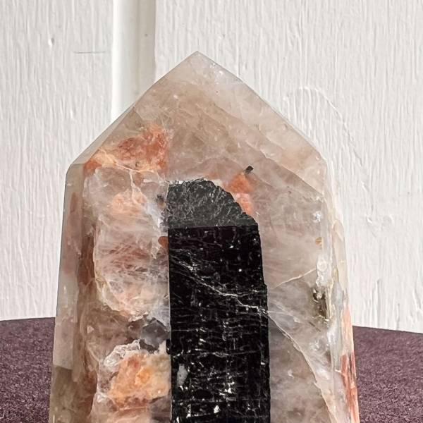 Black tourmaline and peach moonstone in quartz tower - Image 5
