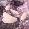Rose quartz facial massage set roller and gua sha set with 'rose gold' in a white gift box