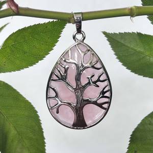 rose quartz tree of life pendant necklace white metal setting natural pink crystal NZ online crystal shop