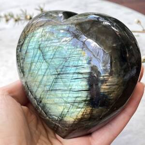 labradorite heart with green and gold flash
