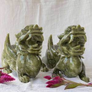 serpentine fu dogs, pair of carved green dragons