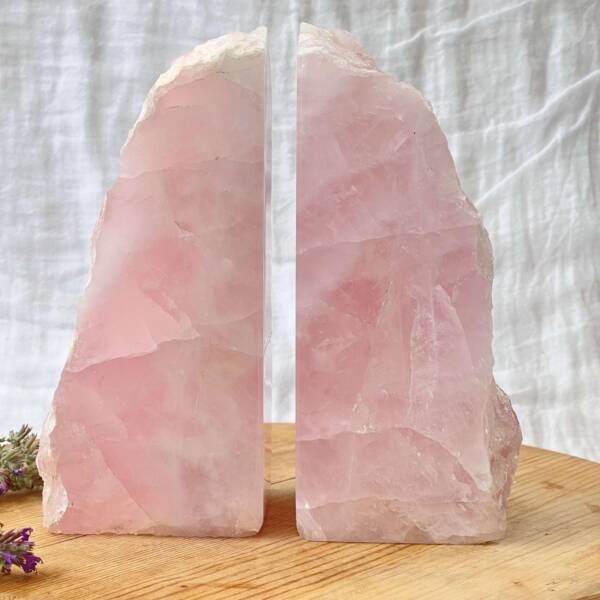 rose quartz bookends, pert polished, part natural form