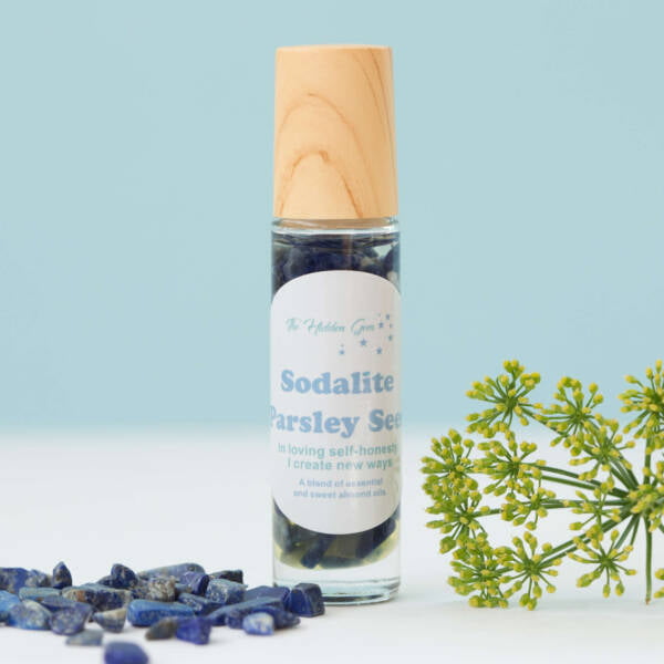 sodalite and parsley seed positive affirmation oil, glass bottle, crystal roller ball, full of small polished sodalite, essential oil and sweet almond oil