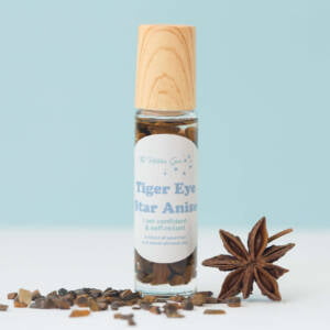 golden tiger eye and star anise positive affirmation oil, glass bottle, crystal roller ball, full of small polished golden tiger eye, essential oil and sweet almond oil