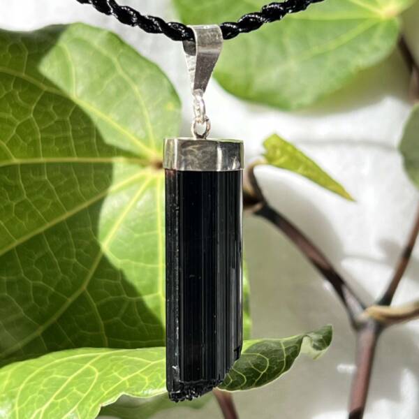 silver set black tourmaline pendant natural mineral raw tip