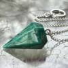 amazonite pendulum rich green six sided on a long white metal chain and ring
