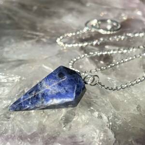sodalite pendulum on a white metal chain and ring