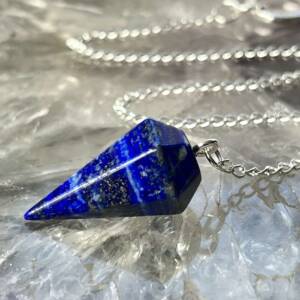 lapis lazuli pendulum royal blue with pyrite gold flecks, six side and a white metal chain and ring