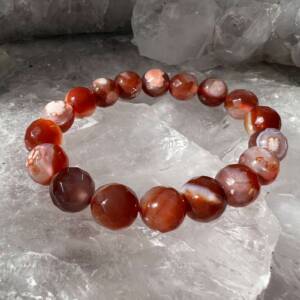 red flower agate bracelet with faceted 10 mm crystal beads a patterned type of carnelian