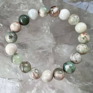 green flower agate bracelet with pink, green and white agate 8 mm crystal beads on elastic