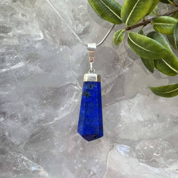 lapis lazuli pendant blue and golden rock of lazurite and iron pyrite with calcite set in silver