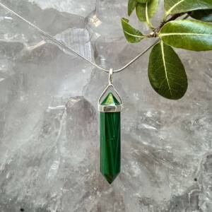 malachite pendant set in silver six sided natural green mineral necklace