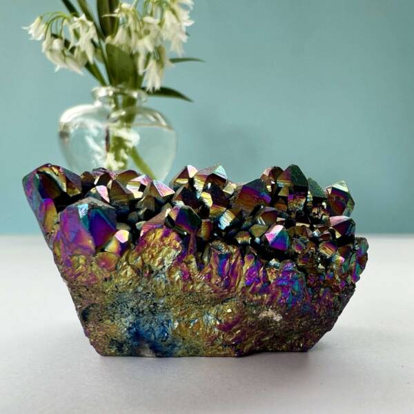 rainbow aura quartz cluster multicoloured titanium coated rock quartz cluster