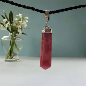 rhodonite pendant natural pink and black mineral crystal necklace with six faceted sides