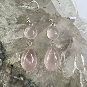 rose quartz earrings each handmade with a round and teardrop cabochon cut from gem quality rose quartz crystal