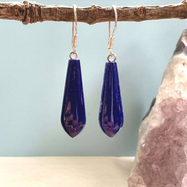 lapis lazuli earrings hand made drop shape to a soft point