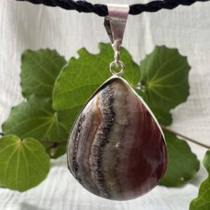 banded calcite pendant dark red, brown and crystalline wavy vertical stripes silver wrapped