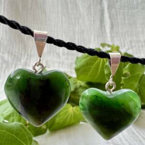 Heart shaped nephrite jade pendants with a silver link natural gemstone
