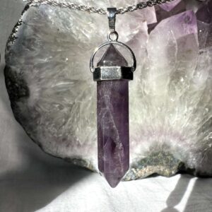 amethyst pendant white metal string six sided crystal necklace