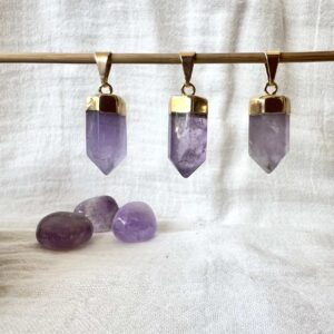 gold plated amethyst pendant natural purple crystal jewellery amethyst necklace ajna third eye chakra sahasrara crown chakra SiO2