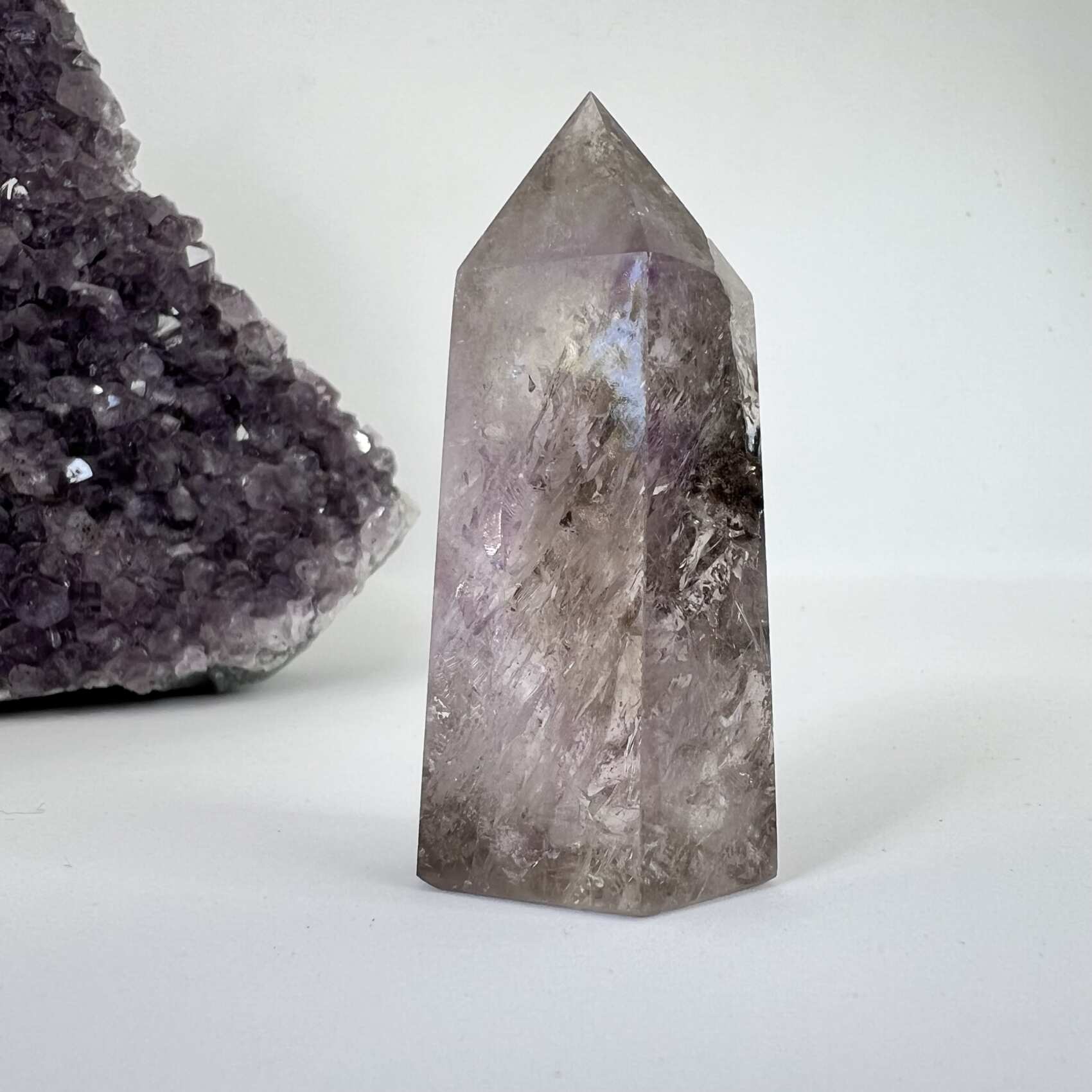 brown and clear smokey quartz crystal with purple amethyst tower natural mineral crystal healing NZ energy cleansing crystals chakra crystals NZ meditation stones spiritual gifts NZ Aotearoa